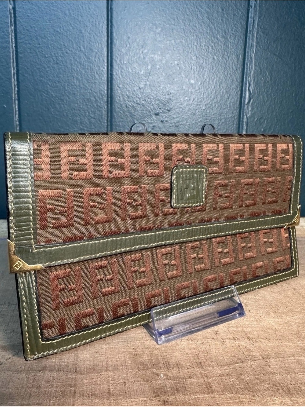 Vintage Fendi Zucca FF Monogram Long Wallet Olive Leather Italy Rare Colorway